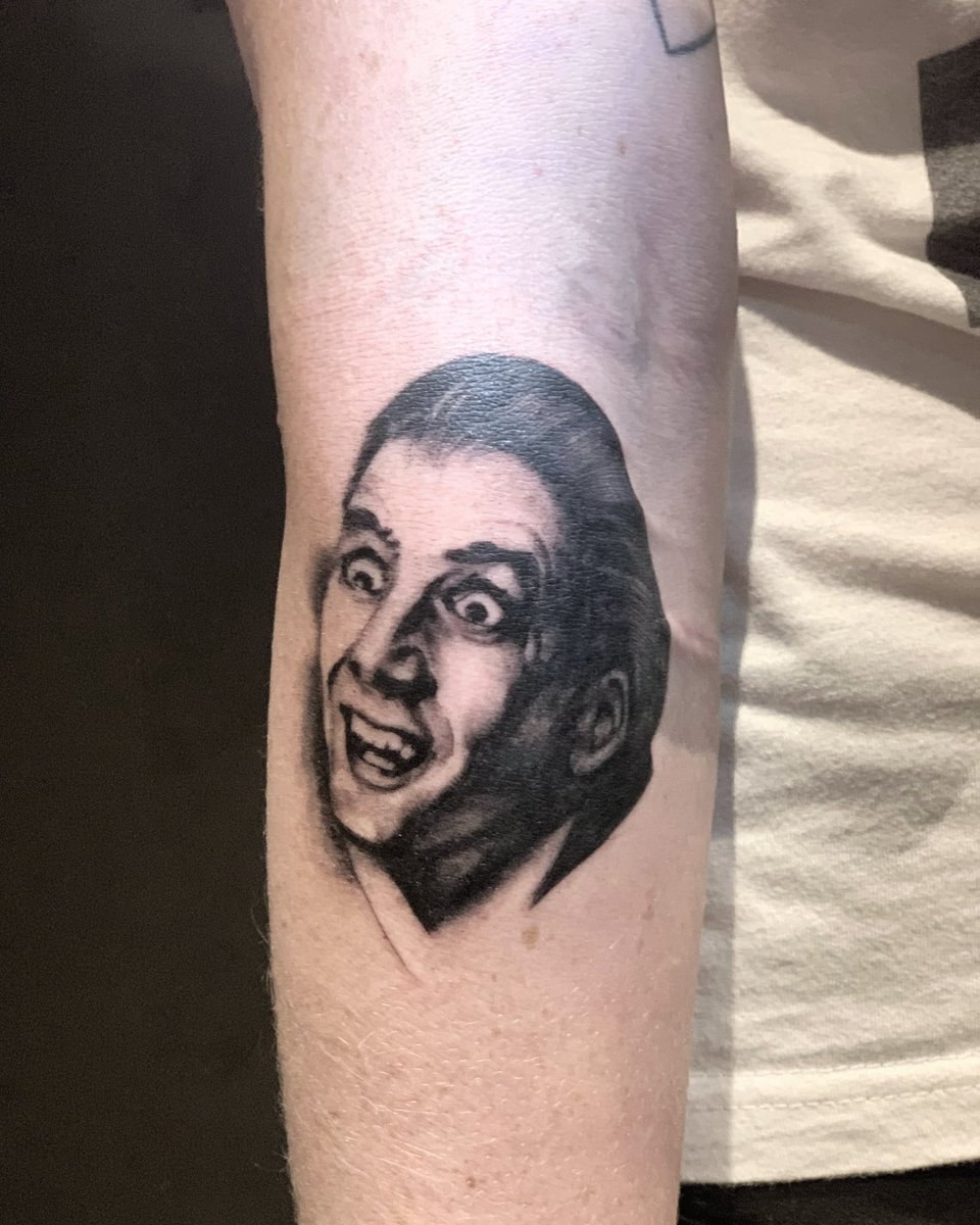 Miniature Nicholas cage portrait from a few months back. This was a fun  one! @_NicholasCage_ #nicholascage #cage #portrait #tattoo #blackandgrey  #blackandgreytattoo #movies #film, image size:960x1200