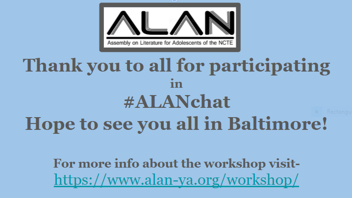 gksparker's tweet photo. @ALANorg @ncte Huge thanks to @sbickmore55 @vocabgal @JoKnowles @DRJBlasingame for joining us! Can't wait until Baltimore! #ALANchat https://t.co/n6ORYdNH2y