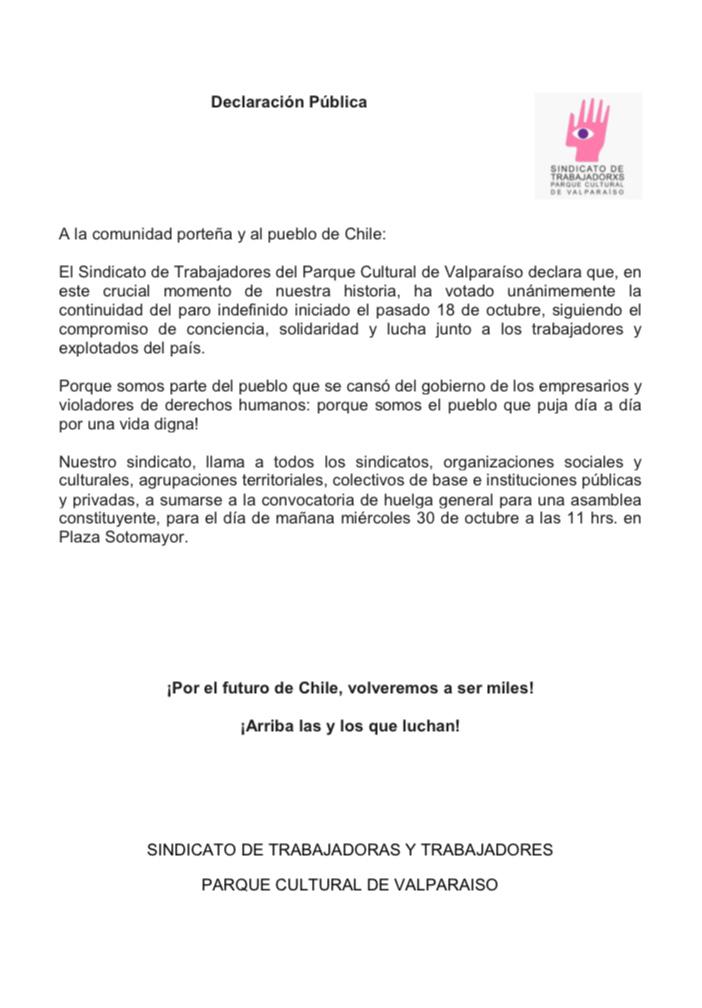 sindicatopcdv's tweet photo. Adhiriendo al llamado popular, las y los trabajadores del @sindicatopcdv convocan a la #huelgageneral para una #AsambleaConstituyente, movilizándose mañana a las 11 hrs. en Pza. Sotomayor, Valparaíso. 
Por el futuro de Chile, volveremos a ser miles!
Arriba l@s que luchan! https://t.co/GjGRX6qlHc