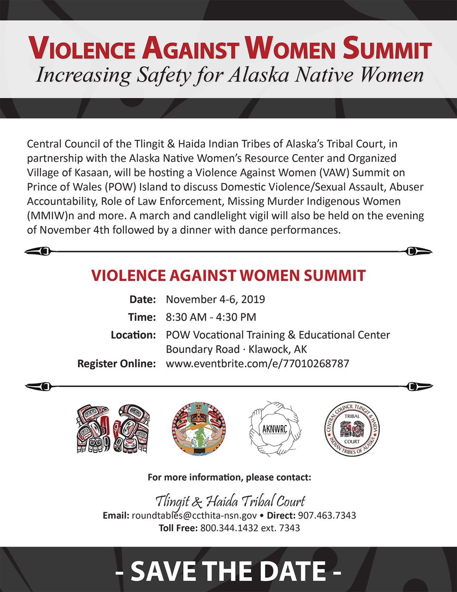 tlingithaida's tweet photo. Tlingit &amp; Haida’s Tribal Court, in partnership with the Alaska Native Women’s Resource Center and Organized Village of Kasaan, will host a Violence Against Women Summit on November 4-6 in Klawock, AK. To learn more or register online, visit: https://t.co/wH2RRbC6gQ. https://t.co/kv6lFyl8ny