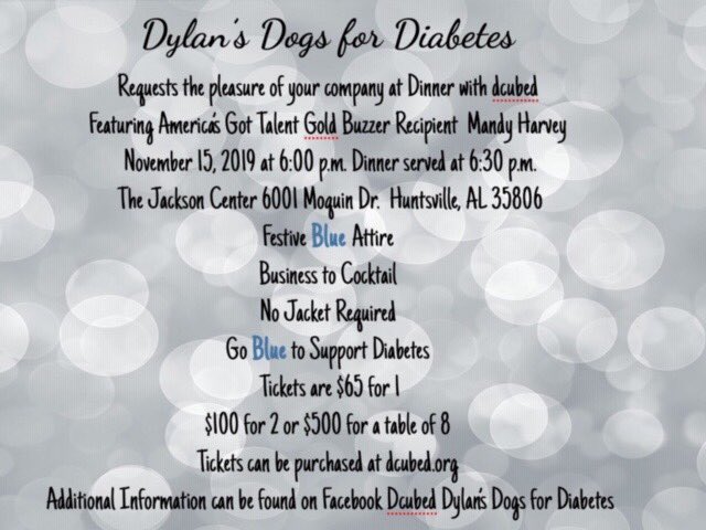 dcubeddogs's tweet photo. You are invited to Dinner with Dcubed! Cone help us raise money for diabetic alert dogs please #retweet and share this post. You can get your tickets, or make a donation at https://t.co/fuHnqh2OhC
#typeonelife #DiabetesAwarenessMonth #teamd3dogs #servicedogs #diabeticalertdogs https://t.co/aezVRLHthH
