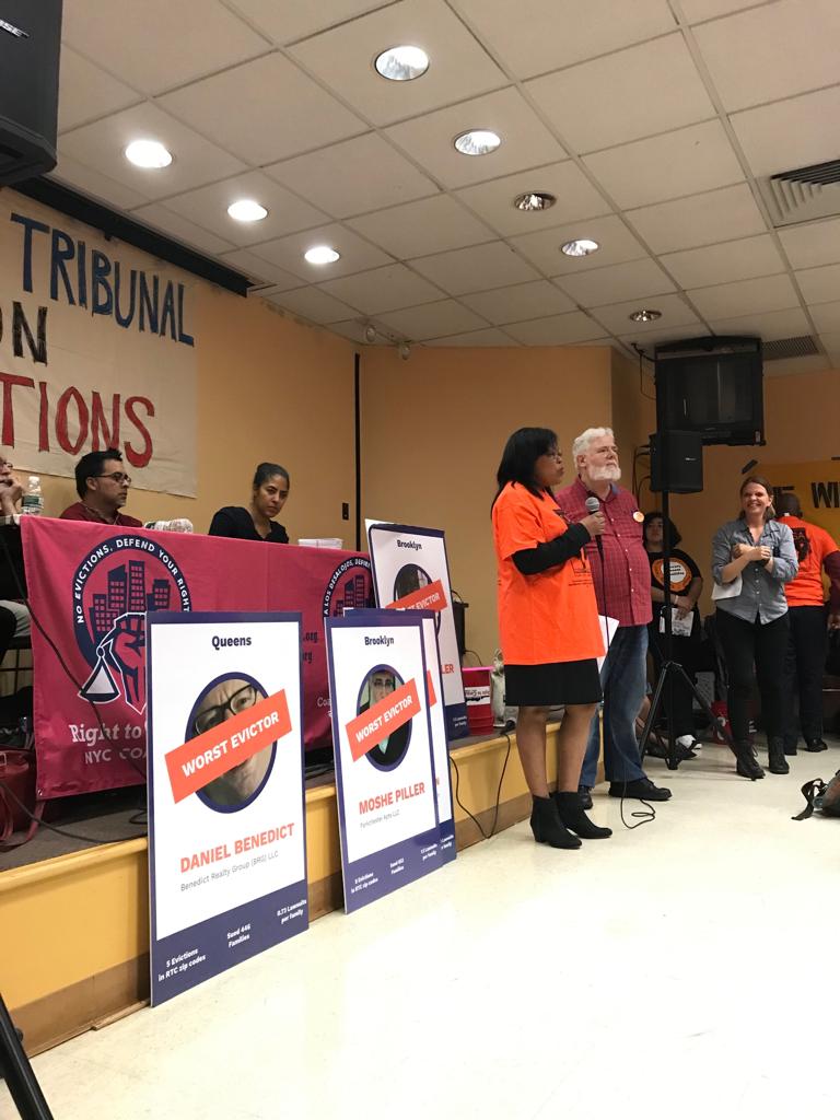 CASAbronx's tweet photo. CASA members Magaly and George testify at the #PeoplesTribunal about why their landlord Finkelstein is the #WORSTevictor in #OurBronx & expose how he uses evictions and #MCIs to displace low income families from buildings where they've lived for decades #TenantsTestify #CASApower https://t.co/mok7J4SAU1