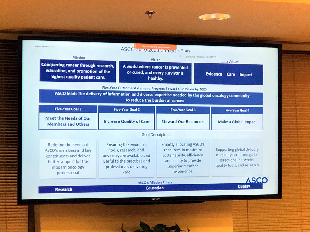 Learned about mission, vision, and values at @TideswellUCSF #EmergingLeadersinAging. Seeing it in action on @ASCO’s strategic plan by @CliffordHudis @ConquerCancerFd 2019 Scientific and Career Development Retreat #weneedahashtag