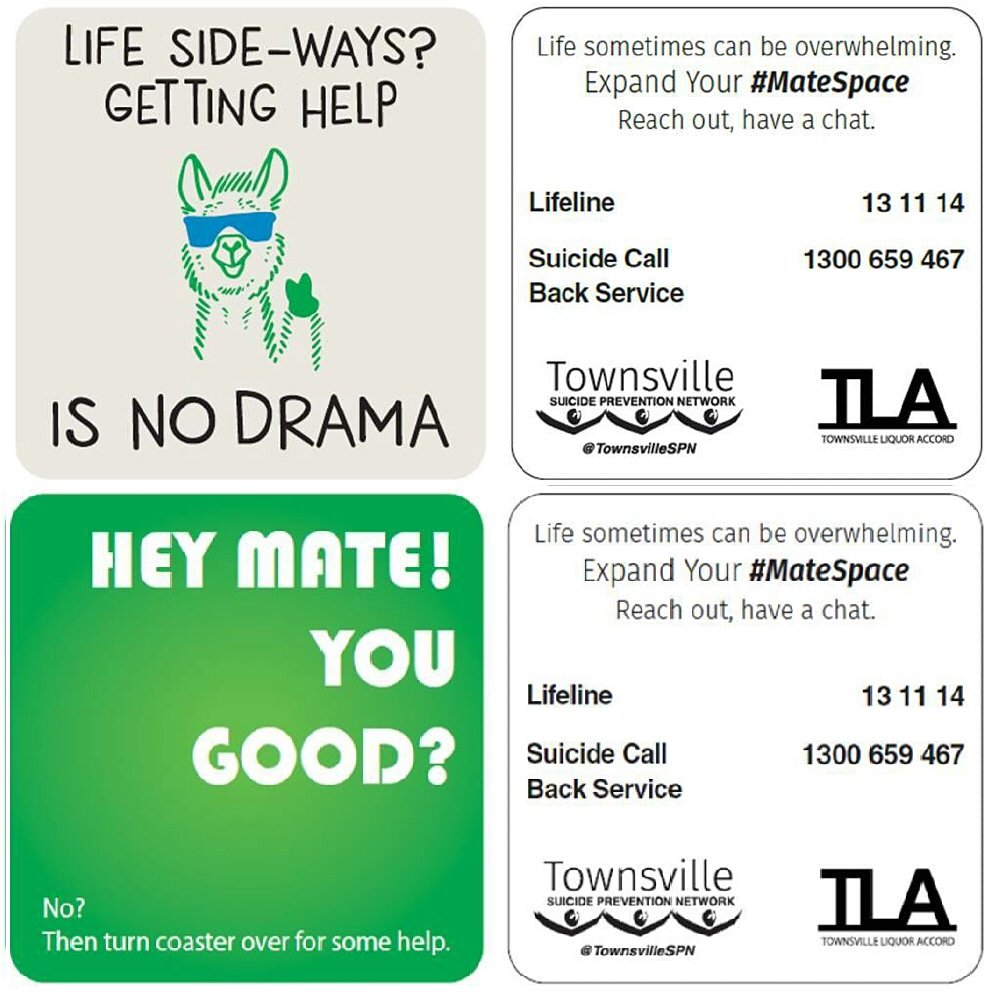 TownsvilleSPN's tweet photo. 25 Venues Joining Forces for Mental Wellbeing of #Townsville
‘The #MateSpace Project’ with #TownsvilleLiquorAccord 100,000 Drink Coasters in 2 designs (pictured) , a staff guide & detailed Patron-to-Patron Info. #SuicidePrevention Posters will be roll out @OLGRQLD @QldPolice https://t.co/B4gQQELHKP