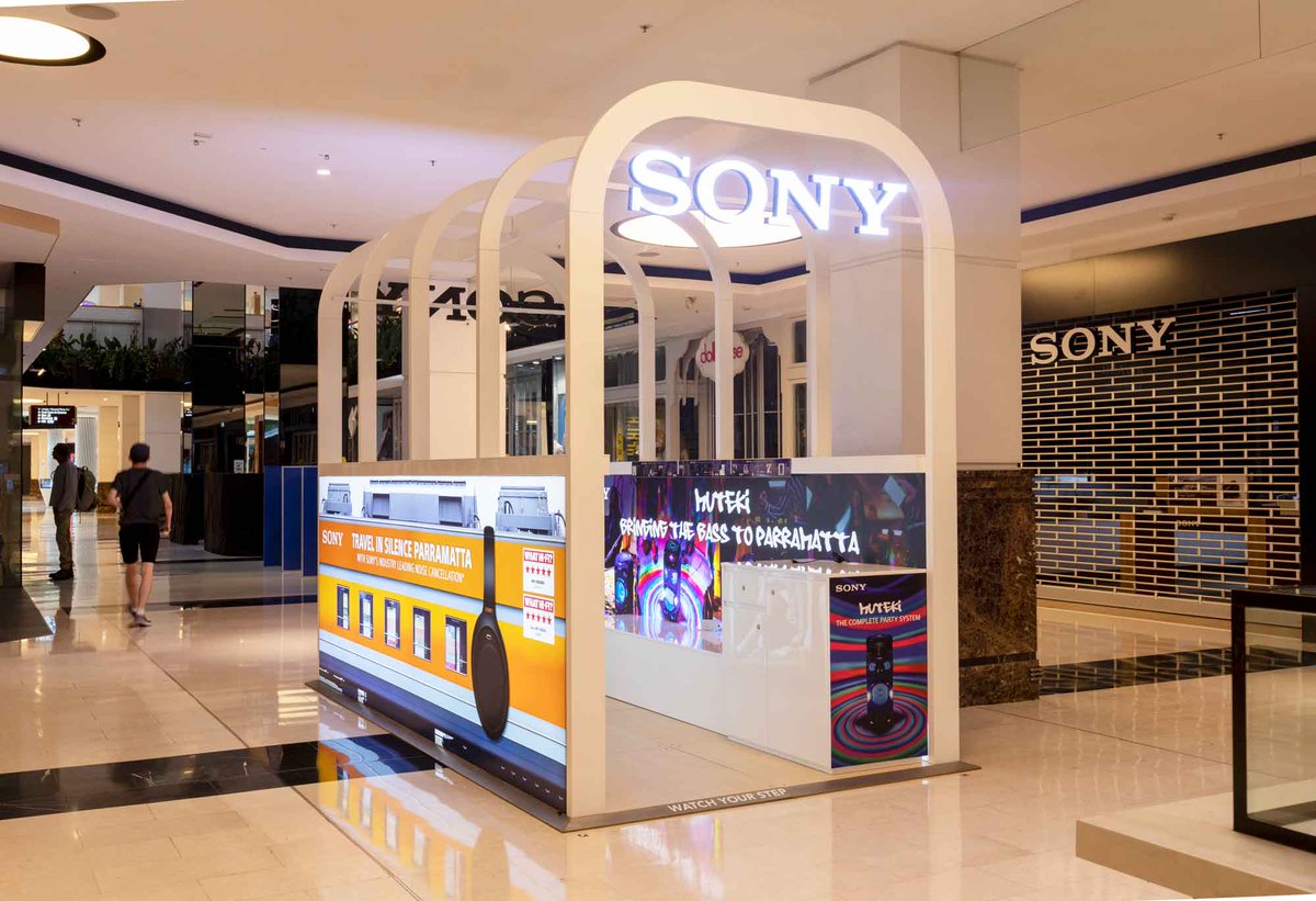 Exhibitionco's tweet photo. To coincide with the launch of Sony’s new store at Westfield Parramatta, Exhibitionco designed and built this temporary Pop-up space outside the new location. A great opportunity to check out and trial the headphones on display. https://t.co/3lFoilLzfl