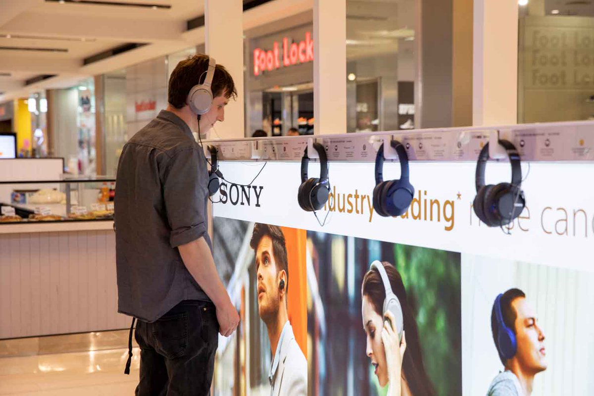 Exhibitionco's tweet photo. To coincide with the launch of Sony’s new store at Westfield Parramatta, Exhibitionco designed and built this temporary Pop-up space outside the new location. A great opportunity to check out and trial the headphones on display. https://t.co/3lFoilLzfl