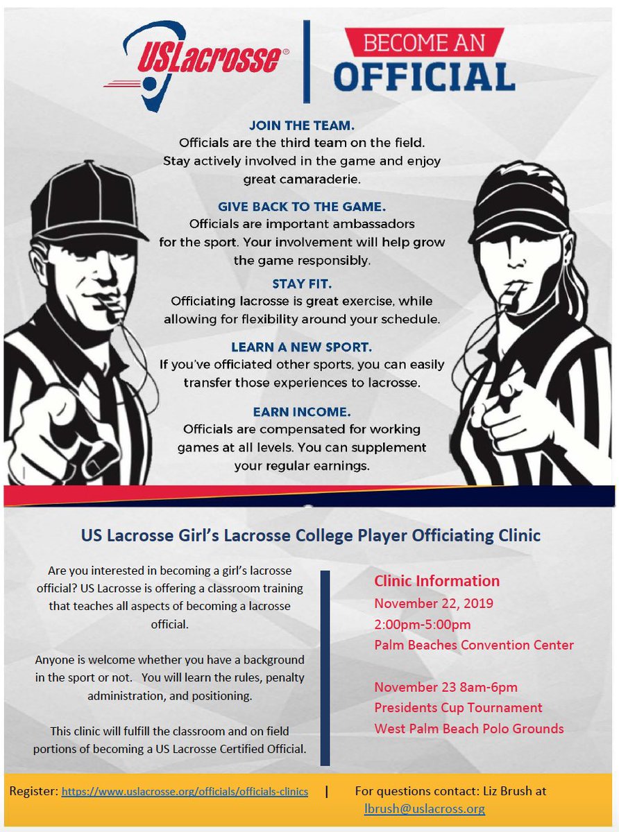 Calling all college players! Want to become certified to officiate girl's lacrosse? USL and the IWLCA are partnering to hold a College Players Officials Academy at the President's Cup. Sign up for the WPB clinic on 11/22-23 now: uslacrosse.org/officials/offi…  @IWLCA_Tourneys