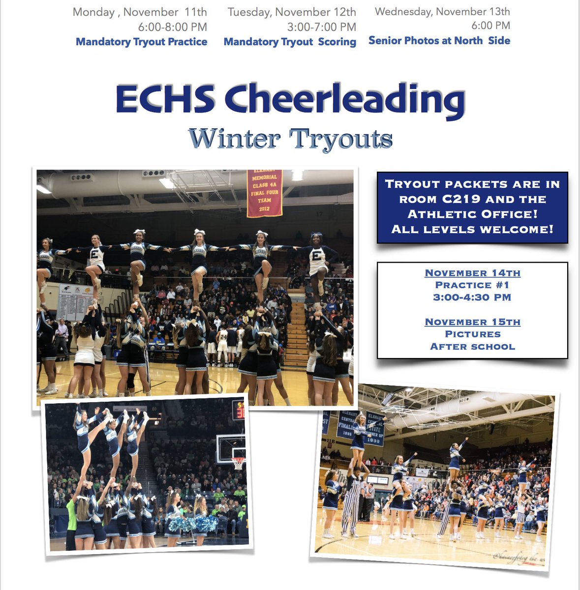 Elkhart_Cheer's tweet photo. Football and competition season will soon come to an end, but we are SO EXCITED for Blue Blazer basketball cheer to begin!! 💙📣🏀 Tryouts start November 11! There will be a callout meeting in room C219 on Thursday during advisory! #FinalCountdown #ECHScheer https://t.co/ZgzH69gW2R