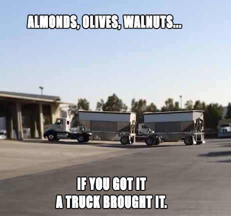 AntoniniFreight's tweet photo. Almonds, Olives, Walnuts...
If you got it, a truck brought it.
.
.
.
#agriculture #almonds #olives #walnuts #trucking #truckdrivers #ifyougotit #gotit #lathrop #california #localloads #localroads https://t.co/rfY60kUNCY