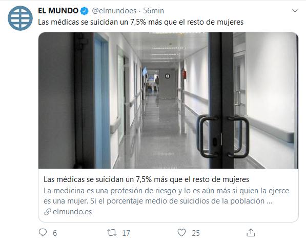 BlenioUn's tweet photo. @elmundoes Durante el periodo 2005-2014, se suicidaron 119 médicos, de los que 81 eran hombres y 38 mujeres, pero ponen el foco en las mujeres porque los hombres somos basura desechable.
https://t.co/Ej0l4td8Vb https://t.co/fR4hw1UNhc