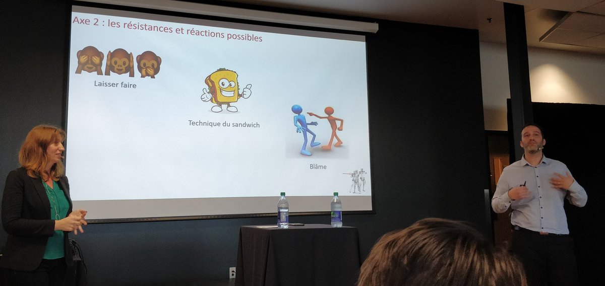 Maxime_Guyaux's tweet photo. #atqc19 La technique du sandwich pour tenter feedback quand on n'ose pas trop faire de reproche à quelqu'un : glisser celui-ci entre 2 compliments. Attention: "Cela ne marche pas avec les Français, qui ne retiendront que les compliments.." Merci amis Québécois, pas faux ;-)) https://t.co/O1JOnBFgSe