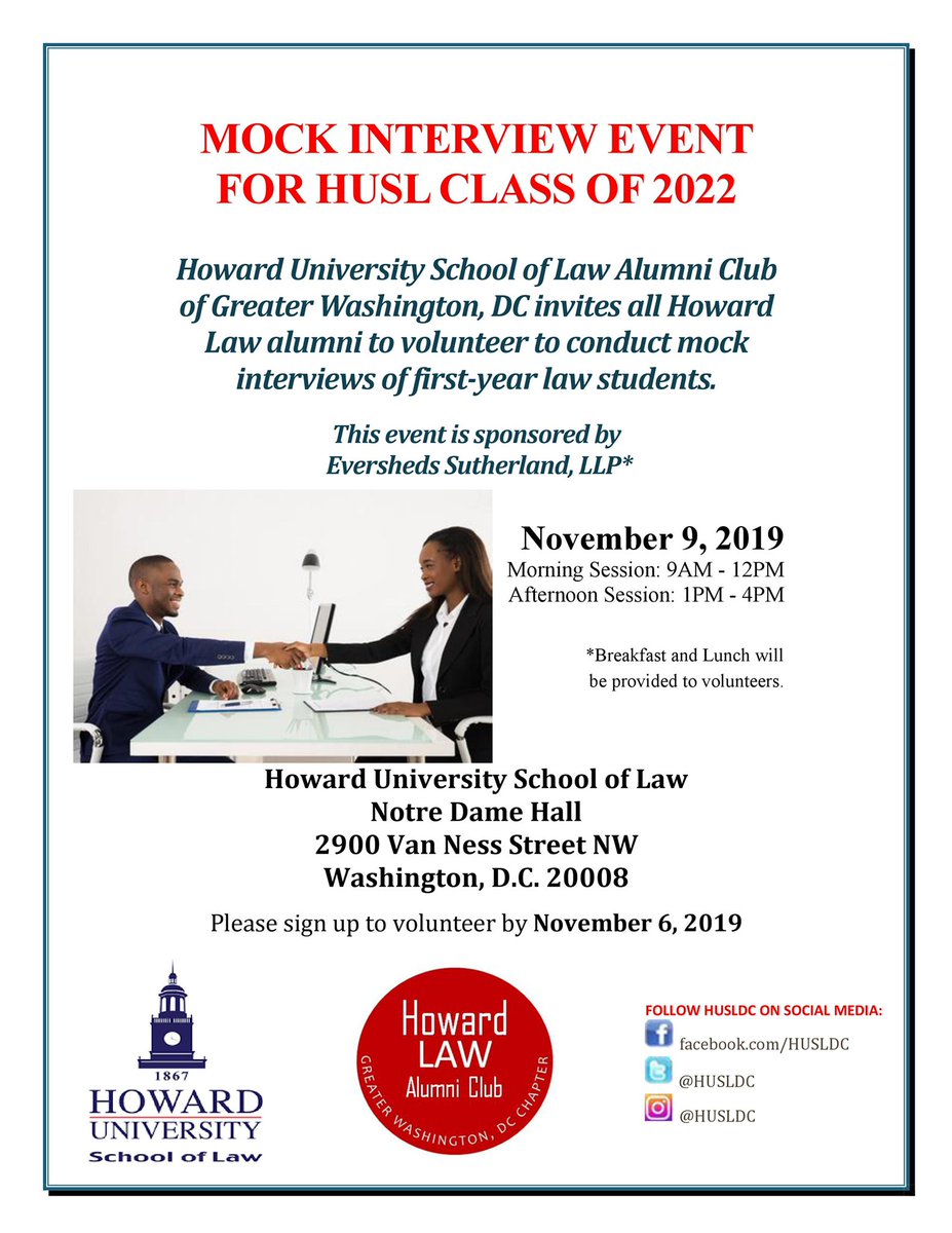 Please join us on November 9th to volunteer to conduct mock interviews with first-year Howard Law students!

If you are interested in volunteering, please sign up at the link in bio.

You can sign up for the morning session or afternoon session or both. We hope to see you there!