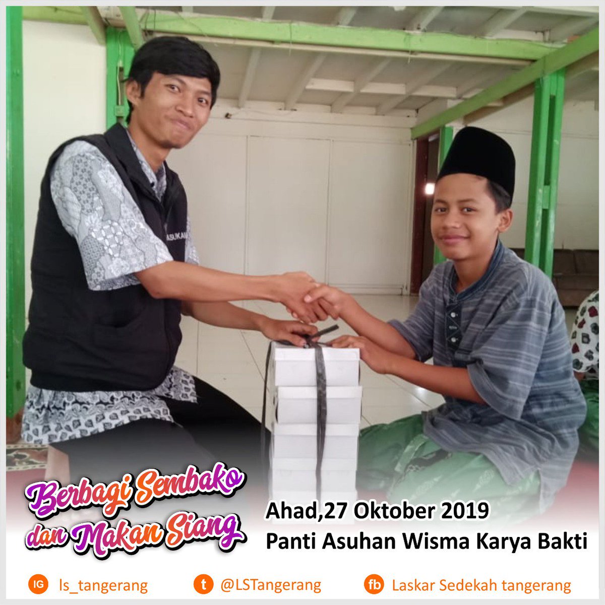 LSTangerang's tweet photo. [EKSEKUSI SEDEKAH]

Alhamdulillah Ahad, 27 Oktober 2019 pasukan telah menyalurkan amanah berupa sembako &amp; makan siang 110pcs untuk panti asuhan wisma karya bakti

Barakallah rizki para donatur

#action https://t.co/dFDw3pmeIA