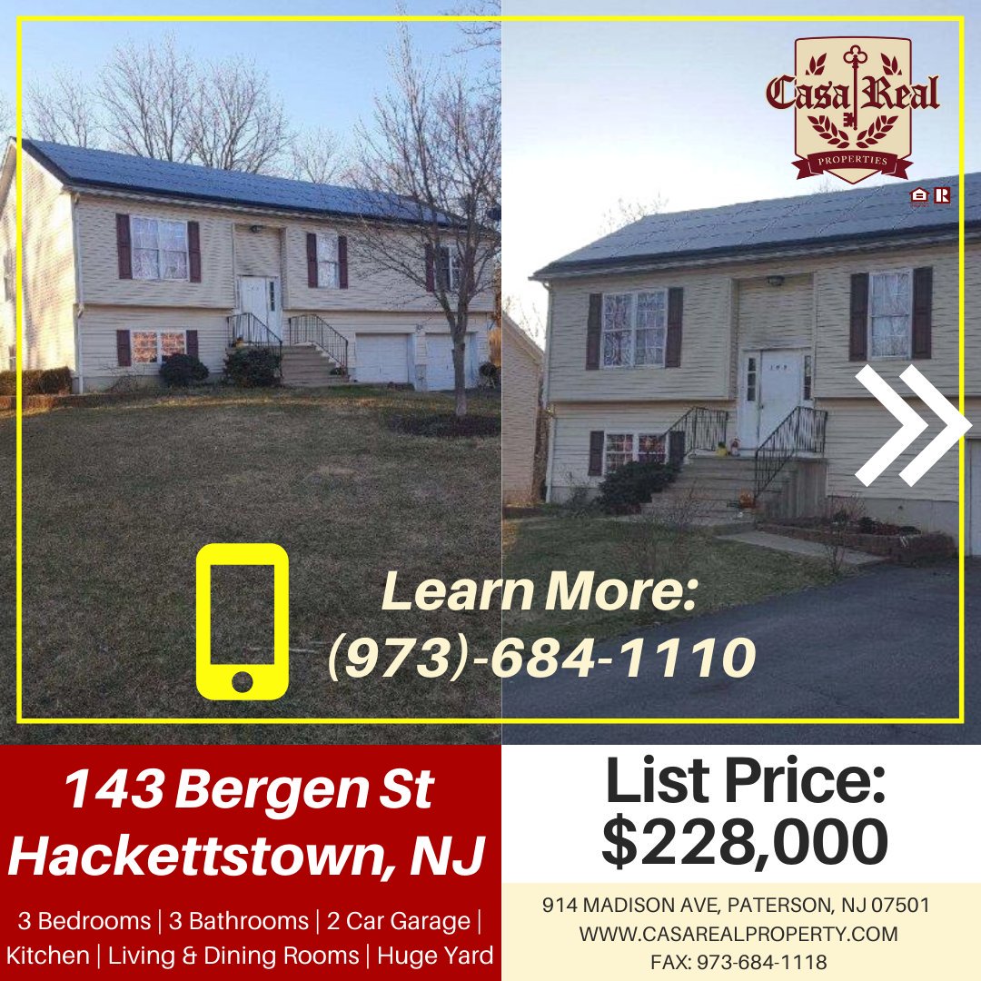 Casa_Real_Prop's tweet photo. $228,000! This property is featured in Hackettstown, NJ, and offers 3 spacious bedrooms, 3 full bathrooms, a big front yard and backyard, and a 2 car garage. How amazing is this price? This home is a short sale and not expected to last long. Request info today: 973-684-1110. https://t.co/n6aRvrr8aR