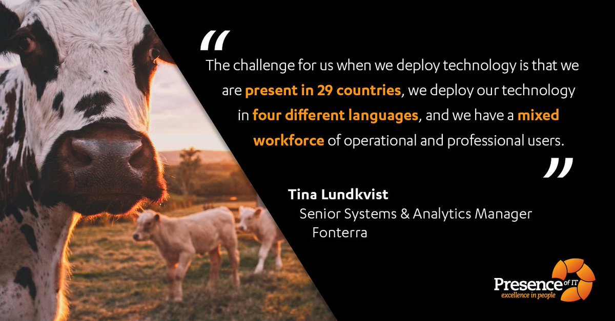 Presenceofit's tweet photo. Multiple countries and multiple languages - no obstacles big enough to stop @Fonterra from mooooving ahead with their digital transformation. #clientstories #digitaltransformation #sapsuccessfactors #hrtechnology https://t.co/kOWkkM6Adi