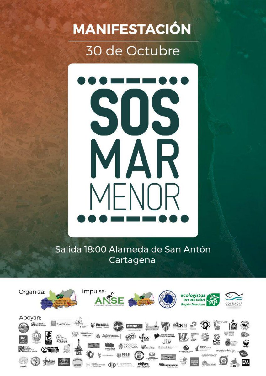 #SOSMarMenor
Miércoles 30 Octubre
18:00h
Cartagena
Alameda de San Antón hasta Asamblea Regional

Manifestación por el #MarMenor 
#YoVoySOSMarMenor

¡No puedes faltar!
¡Para que no se vuelvan a repetir estas imágenes!
youtube.com/watch?v=WZ89Vy…