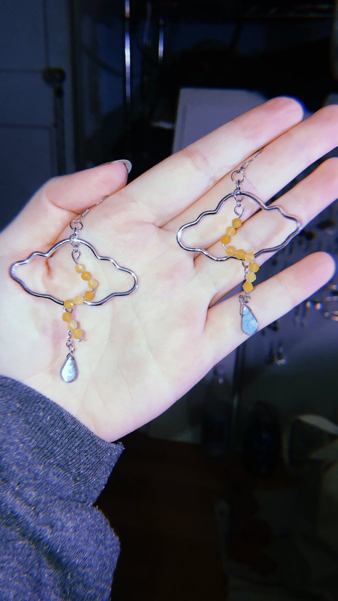 literally JUST finished these and couldn’t wait to show y’all 🥺 clouds with labradorite raindrops and yellow opal lightning bolts ⛈⚡️💧✨