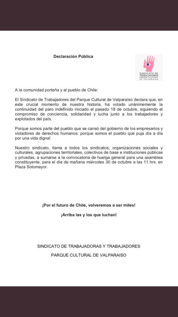 AfucapCultura's tweet photo. Las compañeras y compañeros trabajadores del @sindicatopcdv del @parquecultural continuan el paro y convocan a una #AsambleaConstituyente para mañana miércoles 30 de octubre a las 11:00 en Plaza Sotomayor. https://t.co/ut9nvtxuUs