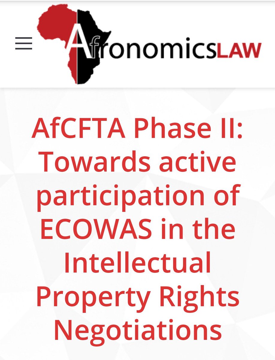 Next post of our #conference #symposium is Juliet Ogbodo's (<a href="/Juliet_Ogb/">Juliet Ogbodo</a>) reflection on "AfCFTA Phase II: Towards active participation of ECOWAS in the Intellectual Property Rights Negotiations" Check it out via the link below. afronomicslaw.org/2019/10/30/afc…