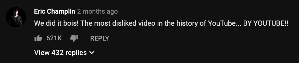ChamplinMusic's tweet photo. @YTCreators @SethEverman @YouTube Can I get one for holding the record for about 6 months with a little over 620K likes on your 2018 YouTube Rewind Video? ;) https://t.co/eckh6dlFfu