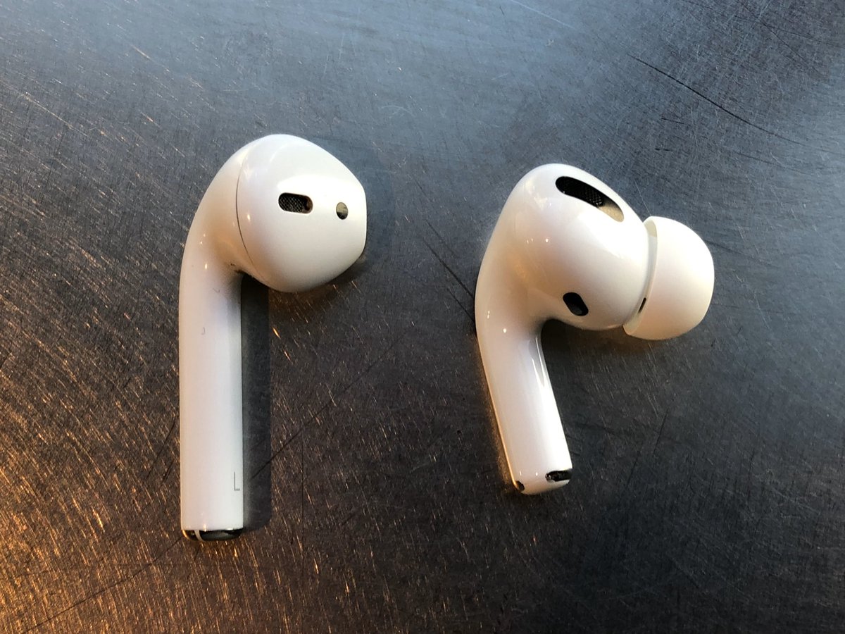 One AirPod 2 alongside an AirPod Pro