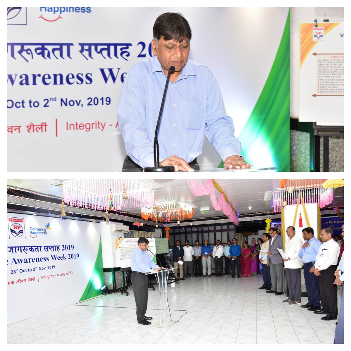 HPCL's tweet photo. To encourage HPites to make integrity a way of life, #HPCL Functional Directors along with CVO administer the Integrity Pledge to the employees and sign the pledge board at our Head Office in Mumbai #vigilanceweek2019 https://t.co/FikLQwLSIQ