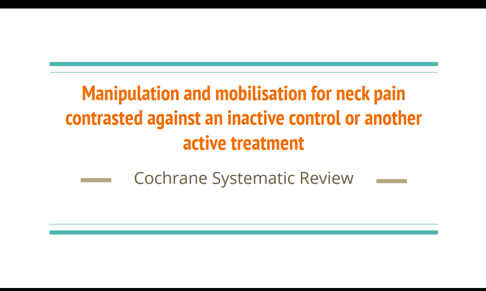willis_bec's tweet photo. Presented this #Cochrane SR in a journal club. Most significant conclusion for my practice is that exercise and manipulations for neck pain resulted in similar improvements in patient outcomes. Great to see good quality evidence supporting this movement towards #exercise therapy https://t.co/VZan3StDyg