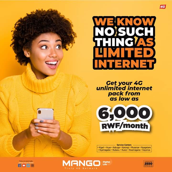 Mango4G's tweet photo. #Unlimited is not something we acquire, it is something we turn into... Get your 4G unlimited internet packs from as low as Rwf 6,000/month.
Call 2550 now!!
#IyatseNaMango #Mango4G #4GUnlimiteddata #LTEspeed #Smartphones #NoBunddles #FastestInternet #MangoTelecom4G https://t.co/zhoLzmdaUl