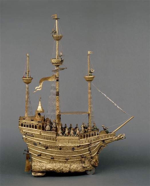 clairejowitt's tweet photo. Mechanical Galleon called 'nef of Charles Quin', c16, German, by Hans Schlottheim, with 3 masts, cannons (1 hidden in 🐉 figurehead, &amp; 7 movements for bells &amp; music etc; on bridge, Emperor Charles Quint sits on a throne + entourage #sharesomethinglovely 302/365 @chateau_ecouen https://t.co/IzAhpPE34A