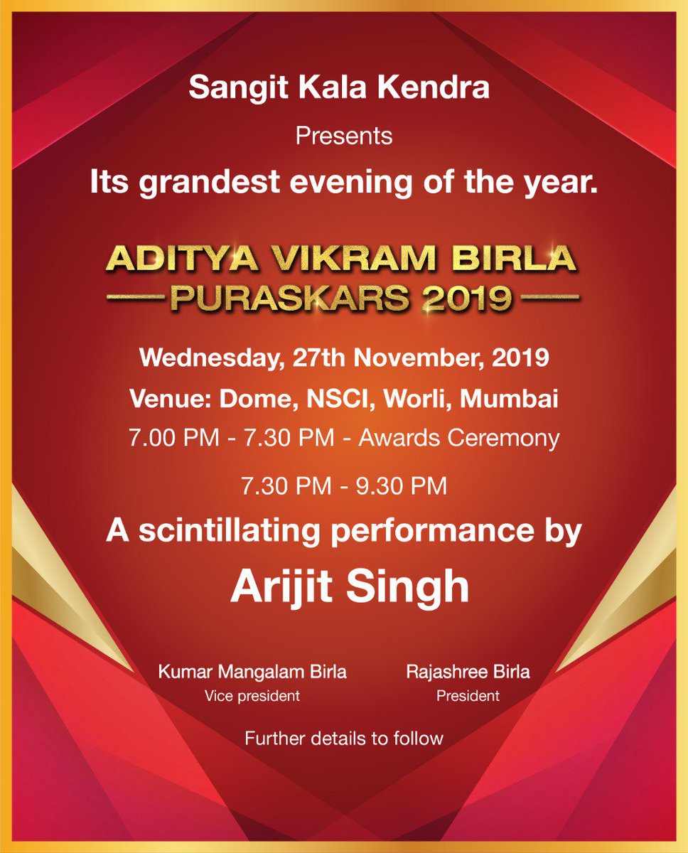 SKK73's tweet photo. "ADITYA VIKRAM BIRLA PURASKAR 2019"I 7:00 P.M. on Wednesday November 27, 2019 at Dome, NSCI, Worli, Mumbai. https://t.co/3q81QOKdsy