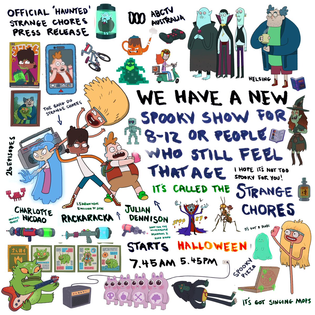 Daley_Pearson's tweet photo. Official Press Release for our new animated series for @ABCTV, #TheStrangeChores 👻🧹 26 Spooky Episodes. Starts on the spookiest day of the year - TOMORROW, HALLOWEEN @ 7.45am and 5.45pm. I'm so proud of the team. I love it. I hope you do too. Please RT if ya not too spooked💚🧟‍♂️ https://t.co/0NE7bk96Ks