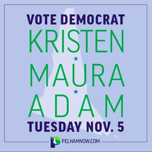 PelhamNow's tweet photo. "The SAM Party of New York announced the nomination of these candidates in the Nov 5 Town of Pelham Election: Daniel McLaughlin for Town Supervisor, Kristen Bowes Burke and Maura Curtin for Town Board and Adam Kagan for Town Justice."

Vote today!

#PelhamNow https://t.co/M4oSRJ5OMt
