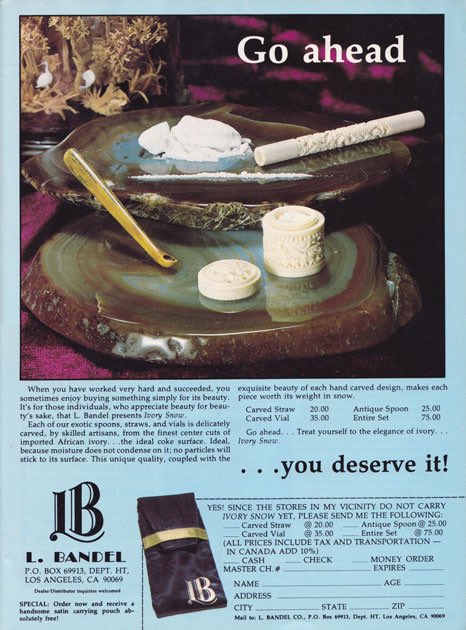Christ, boomers had luxury cocaine tools MADE FROM REAL IVORY so you could, as a finance bro of the era, combine exploiting coca farmers, endangered elephants, and American peasants all in one go don’t tell Silicon Valley or they’ll bring it back