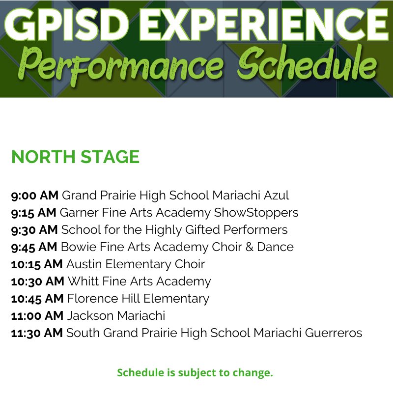 We are excited to announce the performance schedule for the 9th Annual GPISD Experience featuring our award-winning fine arts programs. Join us this Saturday from 9AM - NOON at Dubiski Career High School. More details at gpisd.org/experience. @Bridges_C <a href="/JWilliams315/">Jaime Williams</a>