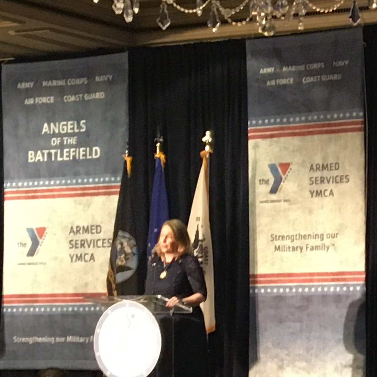 asymca's tweet photo. Honoring the first of two Angels of Honor at the 13th annual Angels of the Battlefield Gala: Bonnie Carroll of @TAPSorg. “Together we will stand strong... We will be there for those that need us.” #angels19 https://t.co/j41HJ5y9CO
