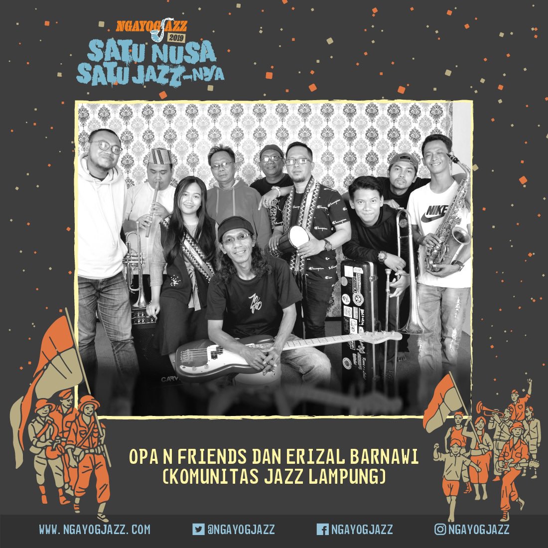OPA AND FRIENDS &amp; ERIZAL BARNAWI

Band Pop Jazz asal Lampung ini akan berkolaborasi dg musisi Instrumen Traditional Lampung, Erizal Barnawi.

Bagaimana suguhan eksotisme bunyi yg akan mereka bawakan? Langsung ja ke Kwagon honn, kancane dijak!

#ngayogjazz2019 #satunusasatujazznya