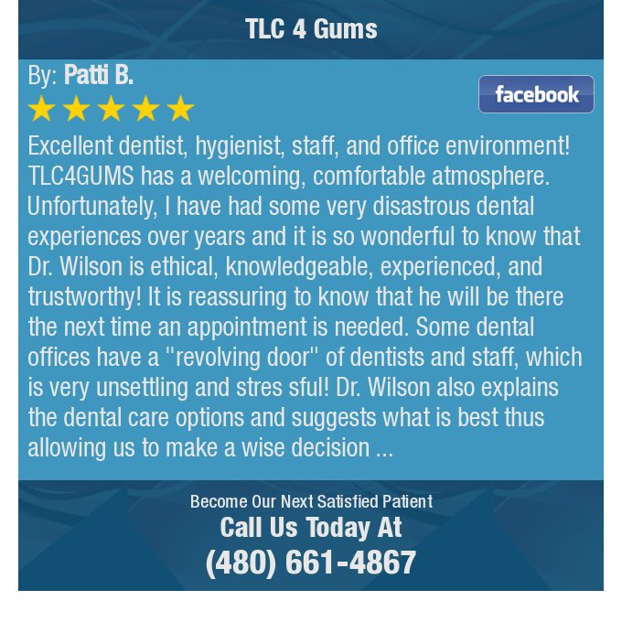 TLC4Gums1's tweet image. 5 Star: Patti B. "Excellent dentist, hygienist, staff, and office environment! TLC4GUMS has a welcoming,..." bit.ly/2n4iYdd