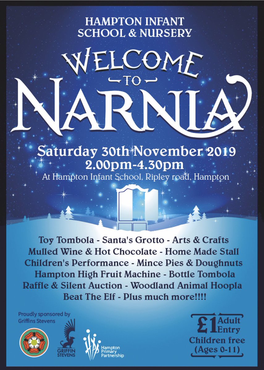 HamptonPrimary's tweet photo. Who doesn’t love the magical world of Narnia?! Everyone is welcome to our Hampton Infants School &amp; Nursery Christmas Fair on Sat 30th November. #narnia #LionWitchWardrobe #winterfun #nottooearlyforCHRISTMAS #SaveTheDate https://t.co/kIQej4gLPY