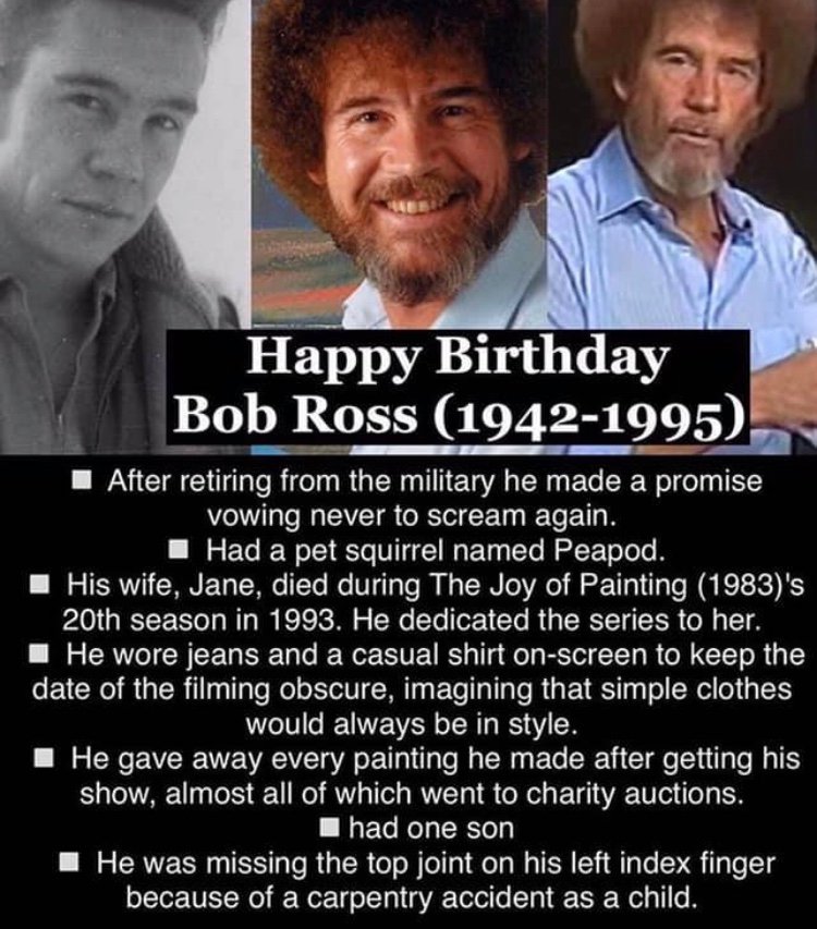 islandartparty's tweet photo. Happy Birthday Bob Ross! Thanks for bringing the joy of painting into our living rooms with happy little trees. We're celebrating Bob all week long. Mention this add and receive $5 off admission Oct. 30-Nov. 3rd.
#islandartparty #forthefunofit #wearealoha https://t.co/tiXi6geHCN