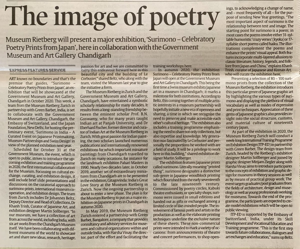 museumchd's tweet photo. Coverage on our event in Chandigarh Newsline (Indian Express). Pictured: Our Deputy curator Seema Gera (centre) with the other organisers of the event and upcoming exhibition. #Museumchd #MuseumRietberg #AliceBonerInstitute
#JapanFoundation #ProHelvetia #SurimonoinIndia https://t.co/DVYjoUg2zu