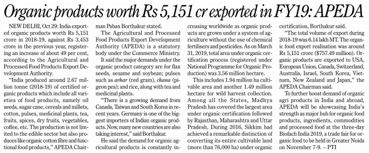 DoC_GoI's tweet photo. The export of organic products from India registered a growth of about 49% in FY19.
According to @APEDADOC organic products worth Rs. 5,151 crore were exported during the year 2018-19. https://t.co/G4GRlGJh2F