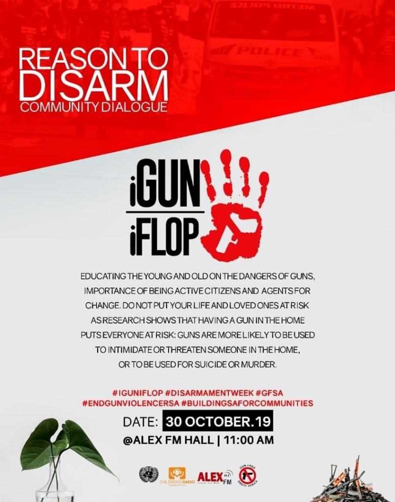 Help raise awareness with @GunFreeSA today at 11am @Alexfm891 hall. Learn the importance of being an active citizen and agent for change. The danger of owning a firearm.

#EndGunViolenceSA
#ChildrenAndToyGuns