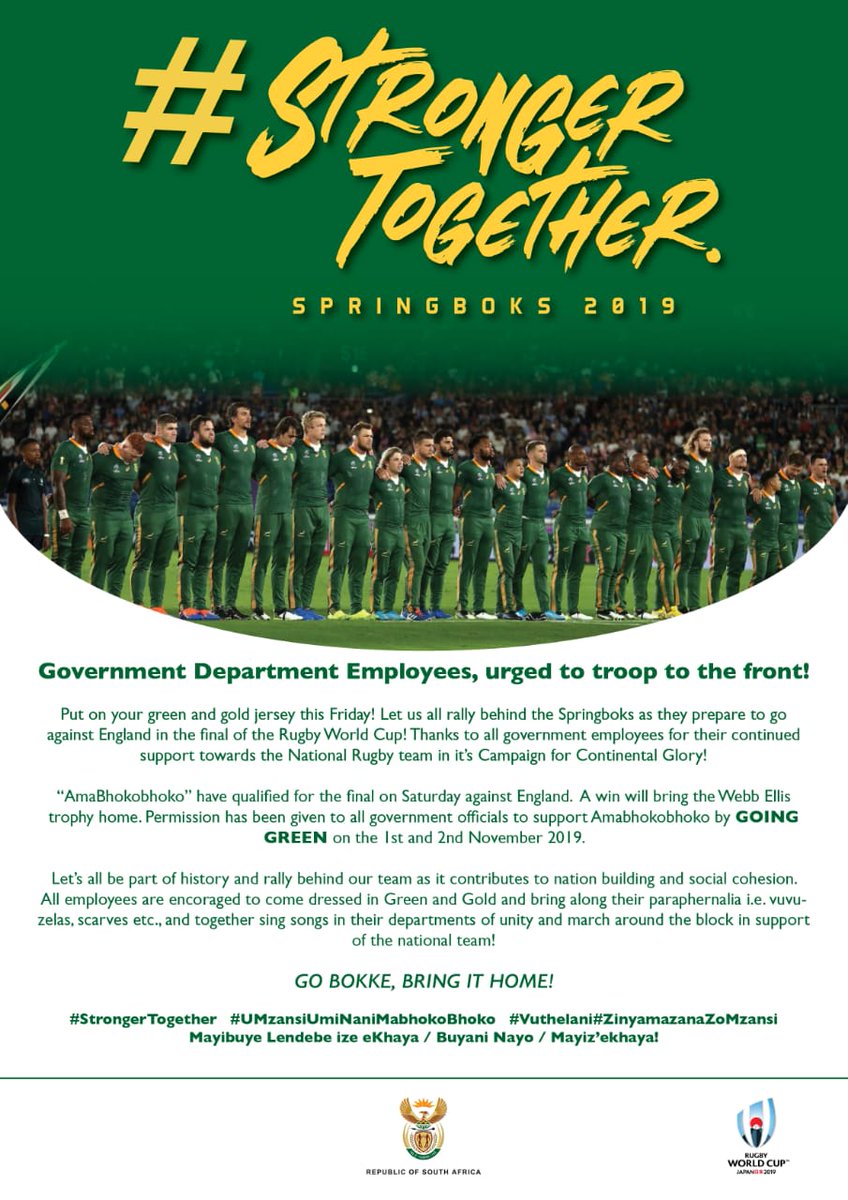 Here’s your chance to show just how proudly South African we all are. Wear your #Springboks jersey, or anything green, on Friday! Let’s do it for the Boks. Let’s do it for SA! #StrongerTogether #RWCFinal