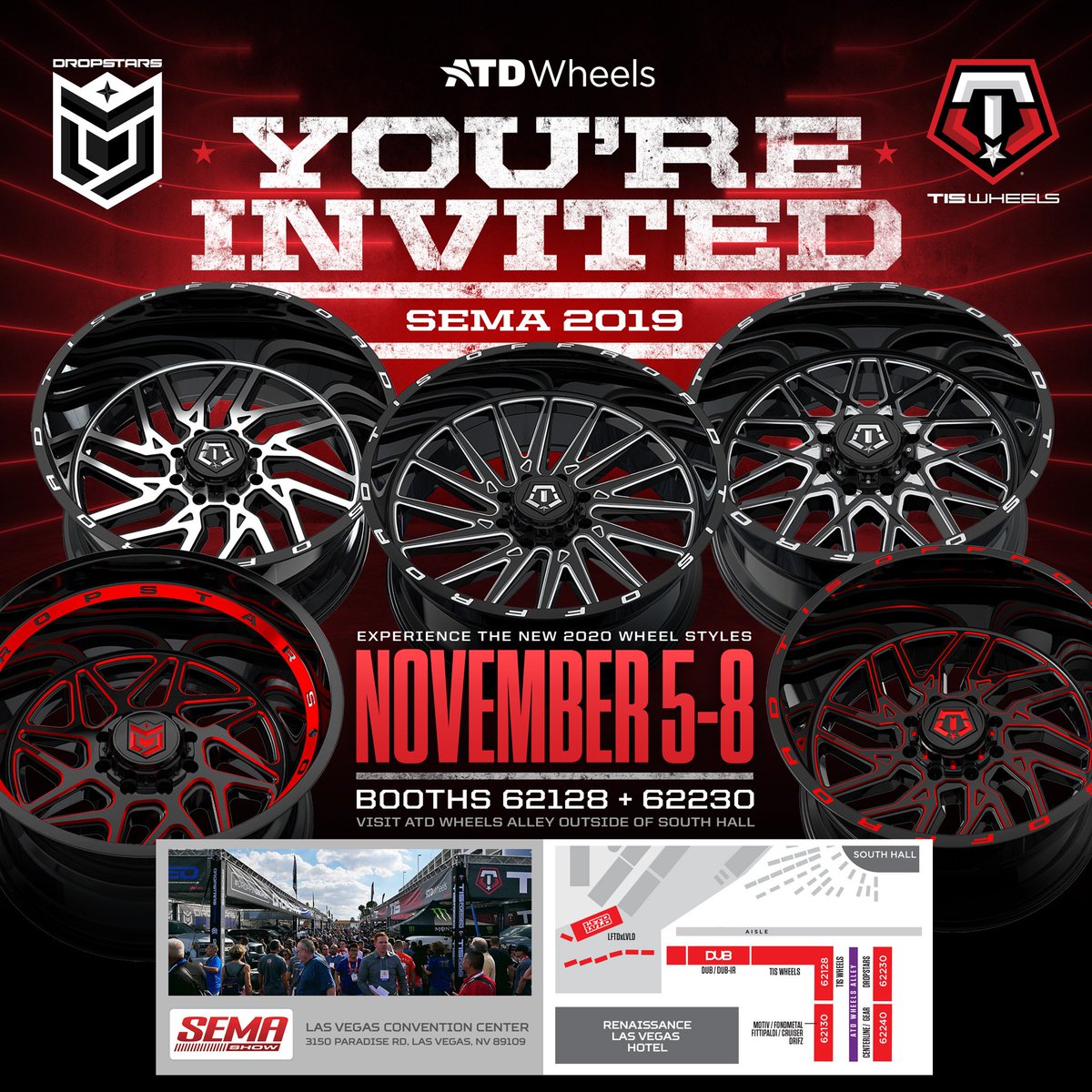 dropstars's tweet photo. Stop by and check out the latest #TIS and #Dropstars wheel styles at the SEMA show next week! Booths 62128 and 62230 outside of the south hall. #SEMA #SEMA2019 #SEMASHOW @ATDWheels https://t.co/4GoArCEoTP
