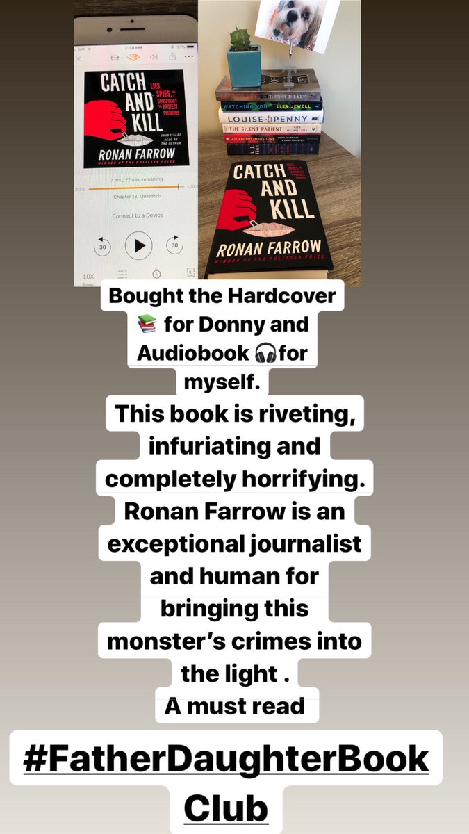 leanney44's tweet image. Thank you @RonanFarrow for our latest #fatherdaughterbookclub pick. Your tireless investigating and relentless pursuit of the truth and exposing this monster is nothing short of remarkable.Your brilliant storytelling has made this book unputdownable📚🎧 #CatchAndKill #ronanfarrow