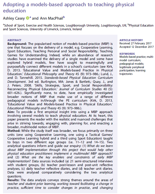 sport_pedagogy's tweet photo. OPEN ACCESS: Adopting a models-based approach to teaching physical education. Published 2018. Authors @DrAshCasey et al. @tandfsport. #PESP

https://t.co/kxsfOX98zL https://t.co/Yq6Uyda0Sn
