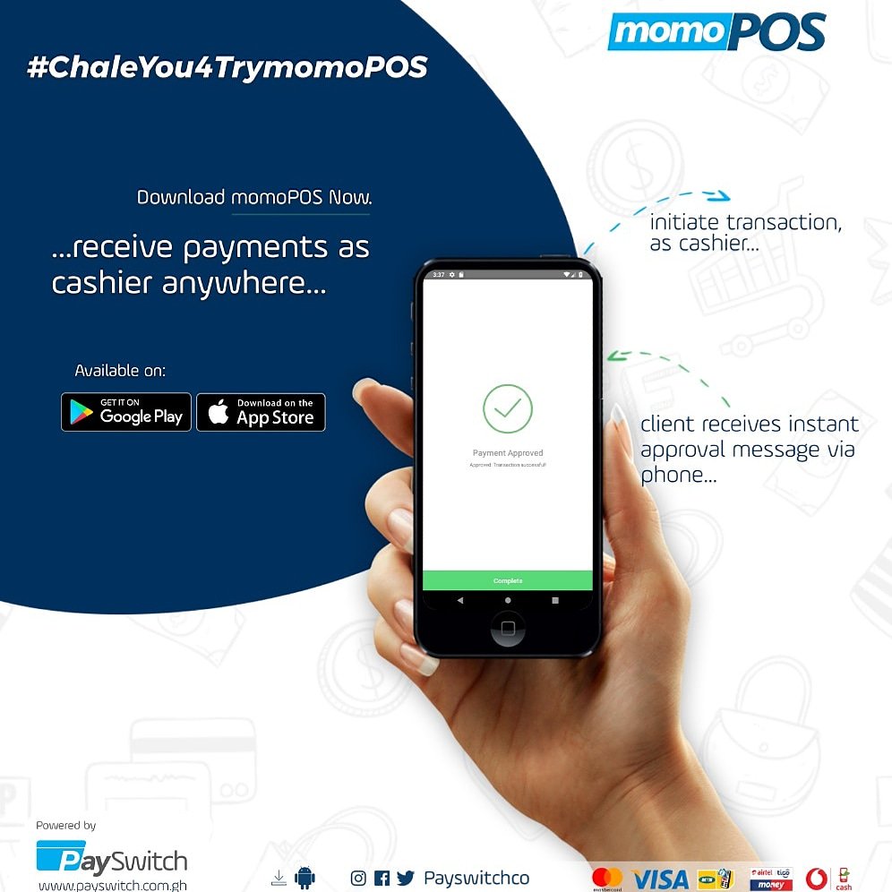PaySwitchgh's tweet photo. Receive payments with momoPOS as cashier anywhere... Get it on play and App Store and enjoy the freedom. #ChaleYou4TrymomoPOS #momo #payment #payonline #receivePayment #pay #momoPOS #momopay #payWithmomo #payWithmomoPOS #paySwitch #tela #telaPOS #mobilepayments #telco #masterCa https://t.co/vos1IutOu1