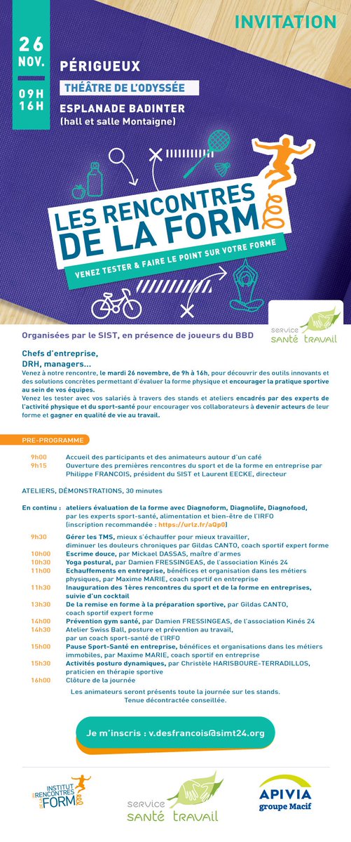 #rencontresdusportetdelaforme le SIST et L'IRFO vous donnent rendez-vous le mardi 26 novembre au théâtre de Périgueux. <a href="/PresanseNA/">Presanse-Nouvelle-Aquitaine</a> <a href="/Cpme24/">CPME Dordogne</a> <a href="/MEDEFsport/">MEDEF Sport</a> <a href="/diagnoform/">DIAGNOFORM®️</a> <a href="/AlexisBarbry/">BARBRY Alexis</a> <a href="/officiel_IRFO/">IRFO</a> devenez acteur de votre forme