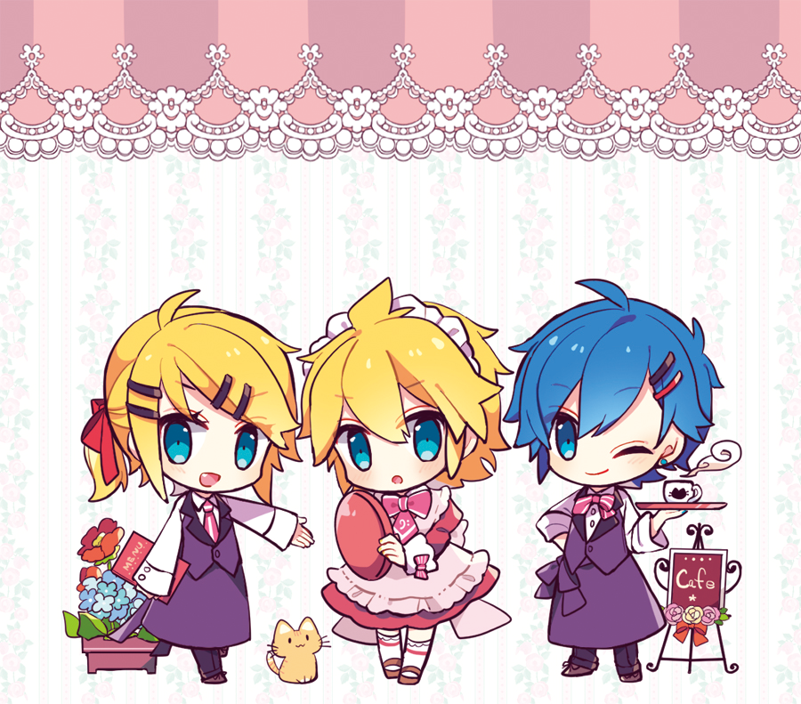 鏡音レン ,鏡音リン ,カイト(ボーカロイド) 「メモ帳のカフェスタイルなカイリンレン 」|由杞のイラスト