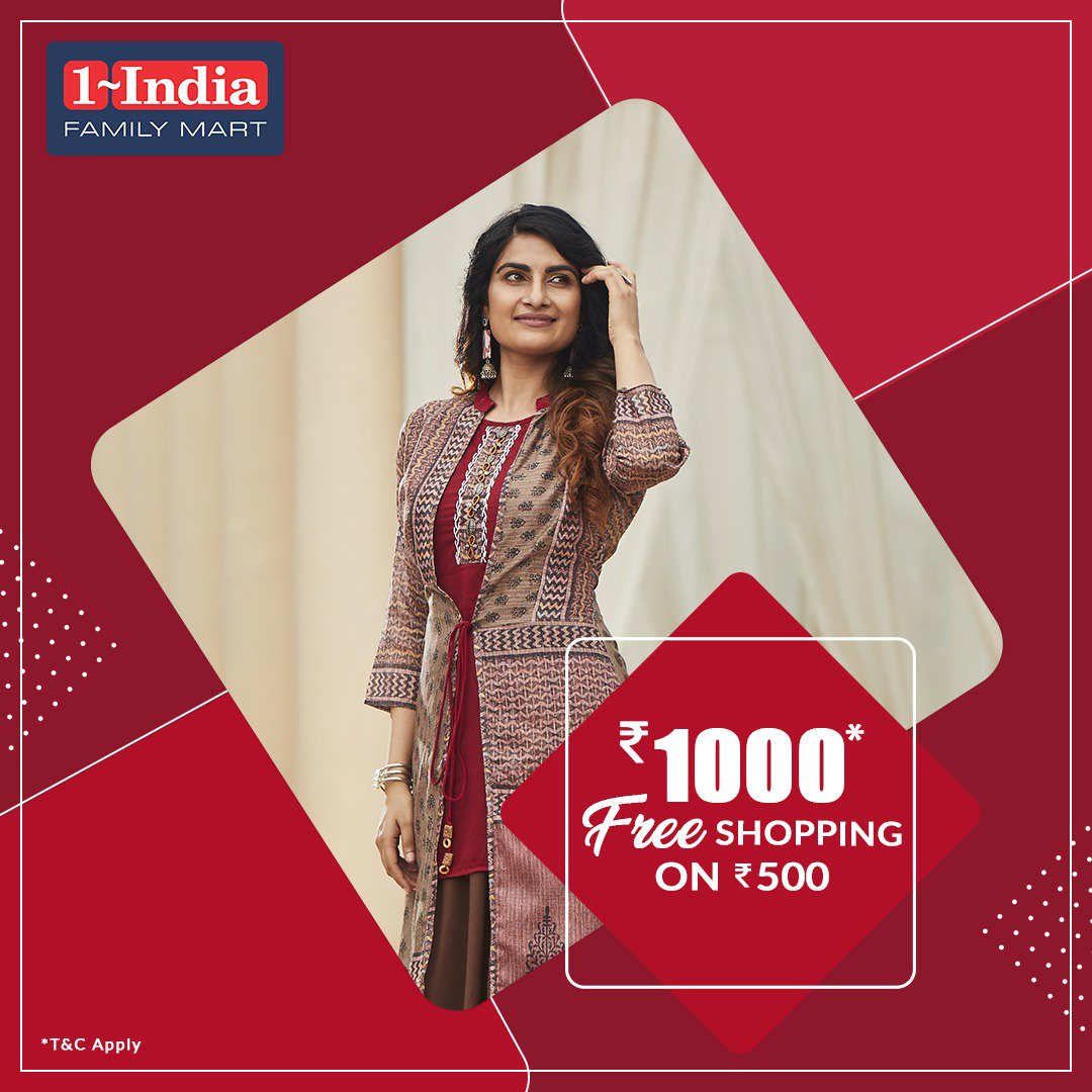 1indfamilymart's tweet image. Festive season is going. Hurry up! Visit your nearest 1 India Family Mart store to catch the Free Shopping Voucher of Rs. 1000 on purchase of Rs. 500 only.
T&amp;amp;C Apply.
#FestiveSale #FestiveSeason #freeshoping  #FestiveWear #FestiveCollection #Offers #Discounts #Shopping #clothing